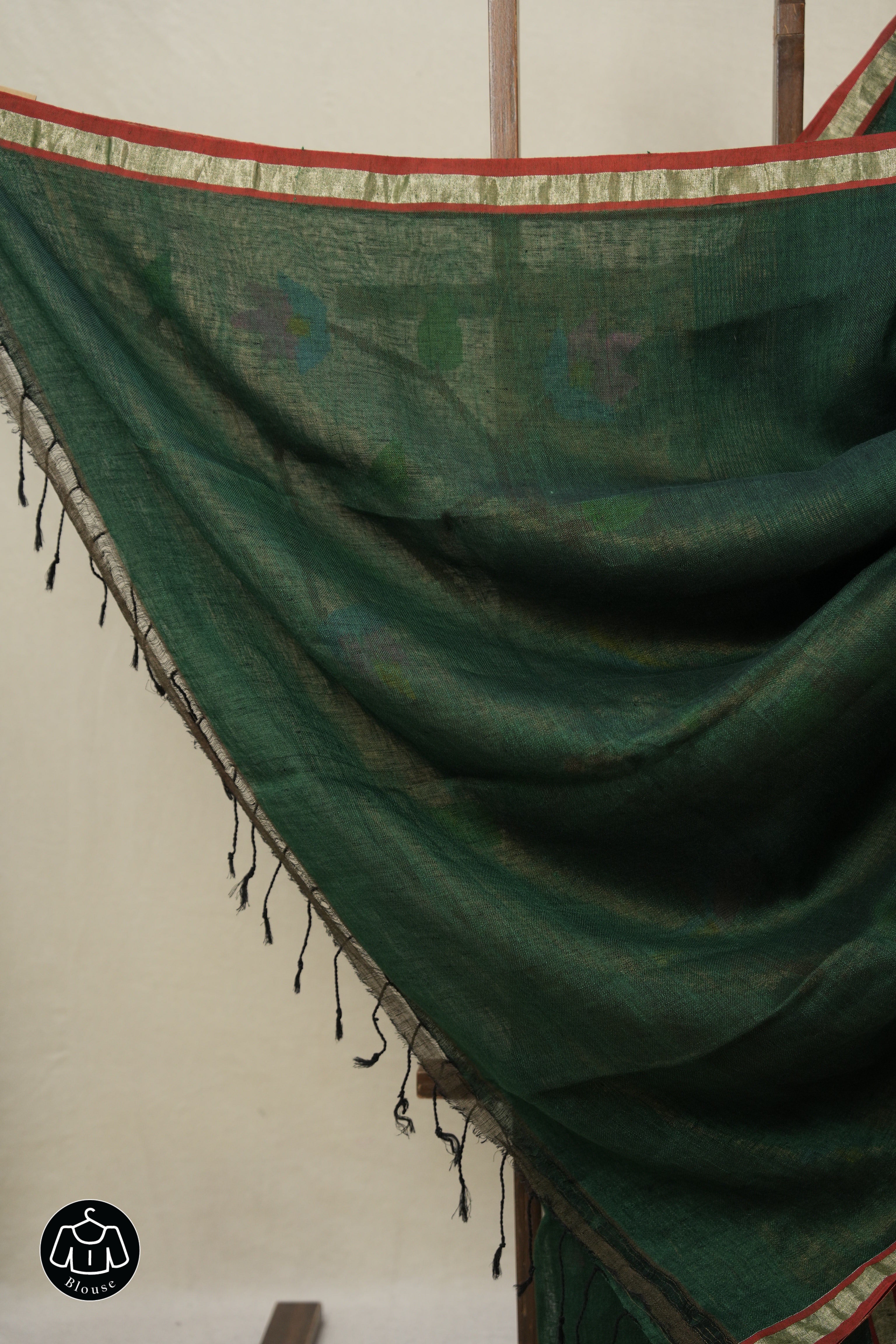 Bottle Green Linen Jamdani Saree - SRBGLJS488