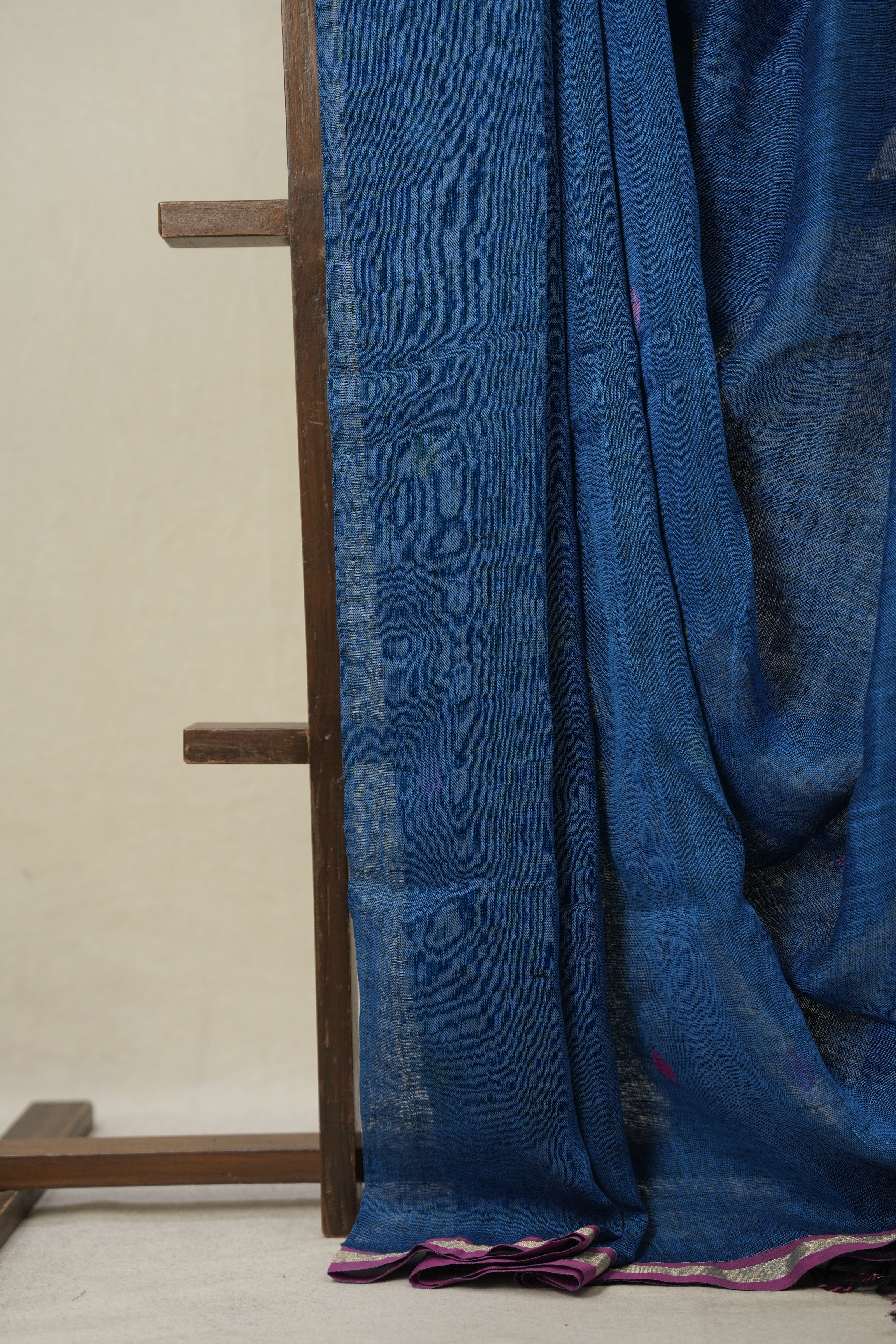 Peacock Blue Linen Jamdani Saree - SRPBLJS485