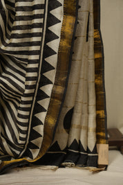 Off-White-Black HBP Cotton Silk Saree With Maheshwari Border - SROWBCSS1832