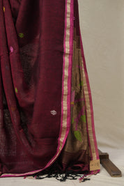 Maroon Linen Jamdani Saree - SPMLJS516