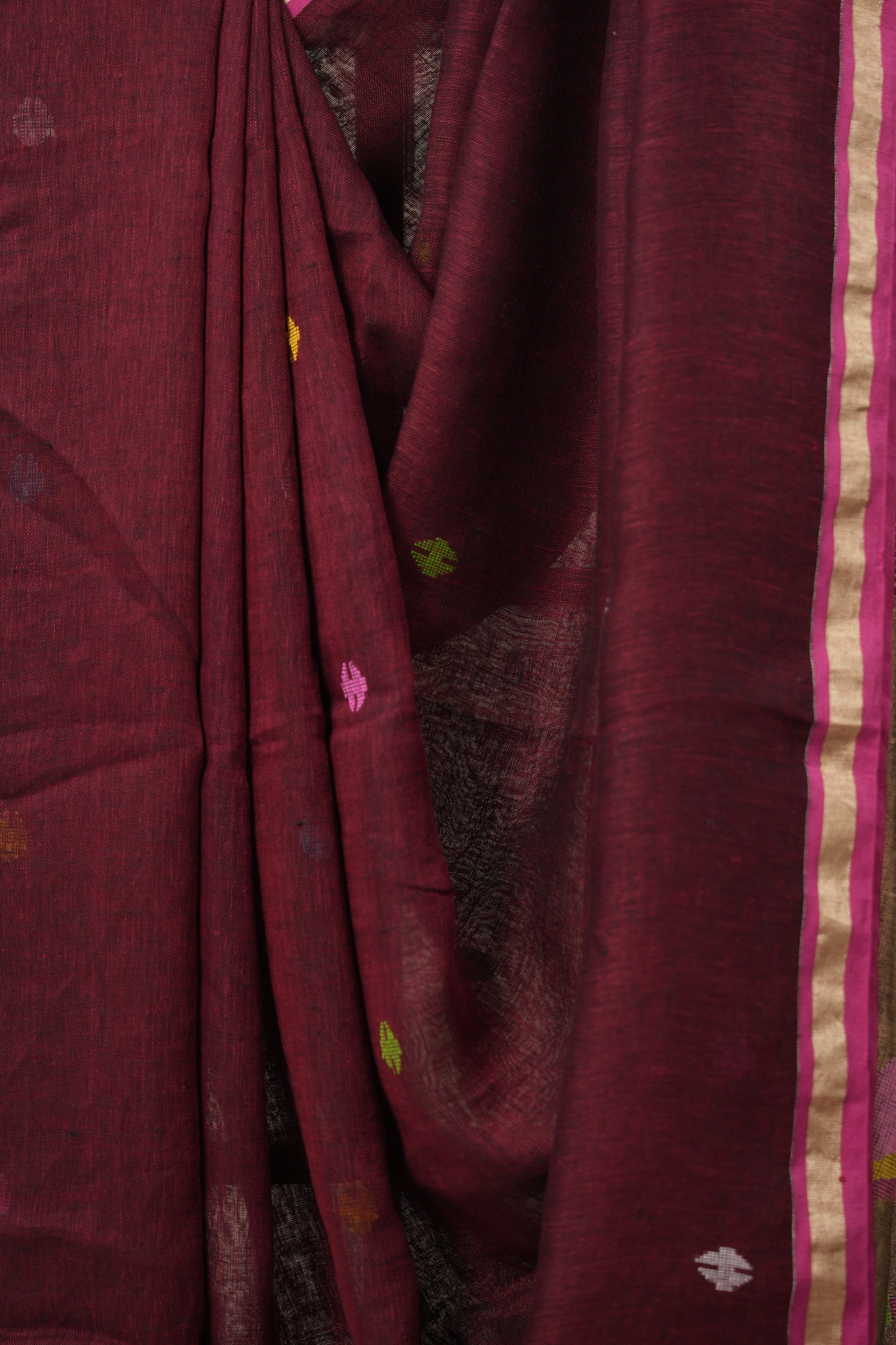 Maroon Linen Jamdani Saree - SPMLJS516