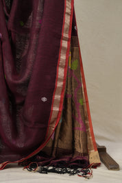 Wine Linen Jamdani Saree - SPWLJS515