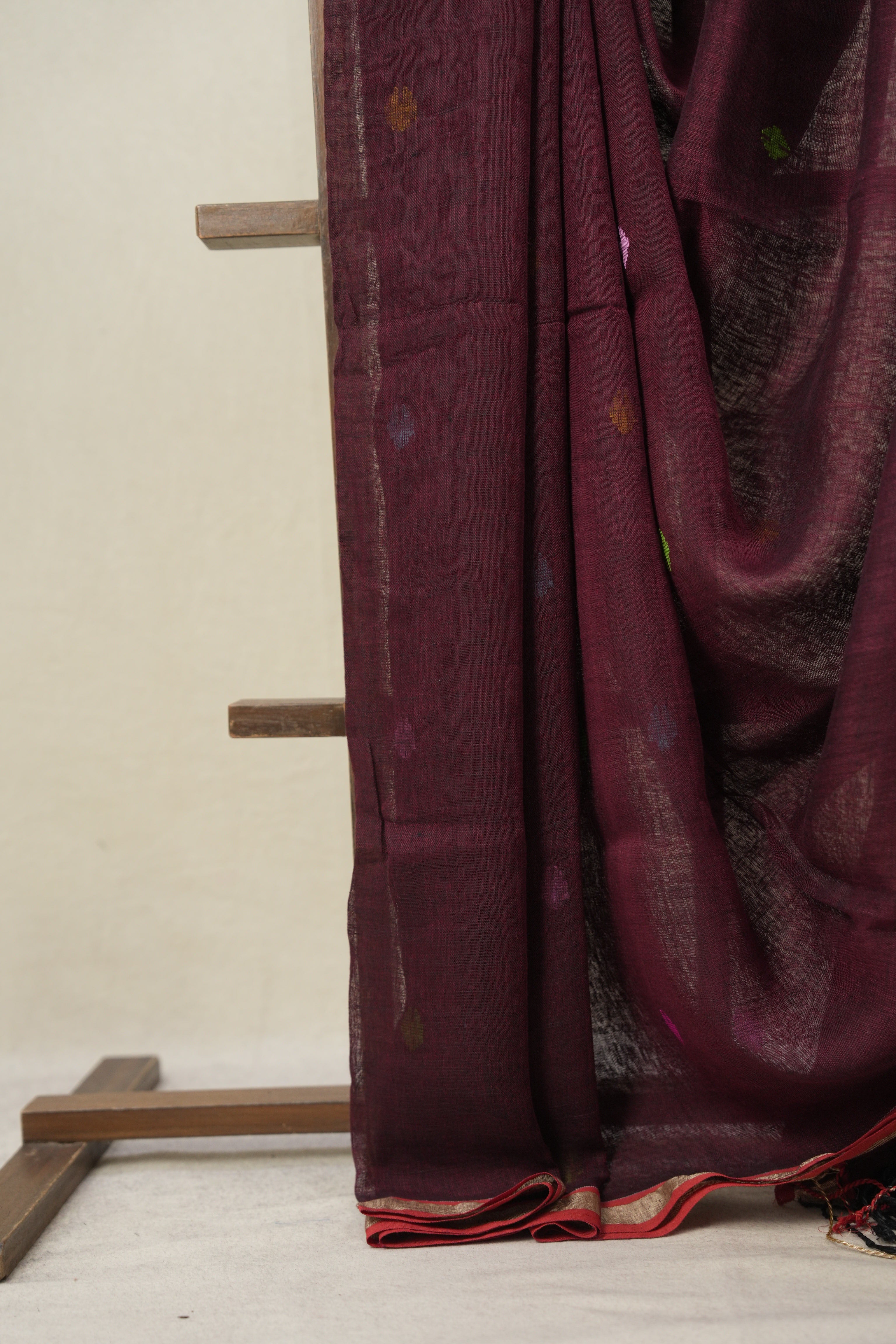 Wine Linen Jamdani Saree - SPWLJS515