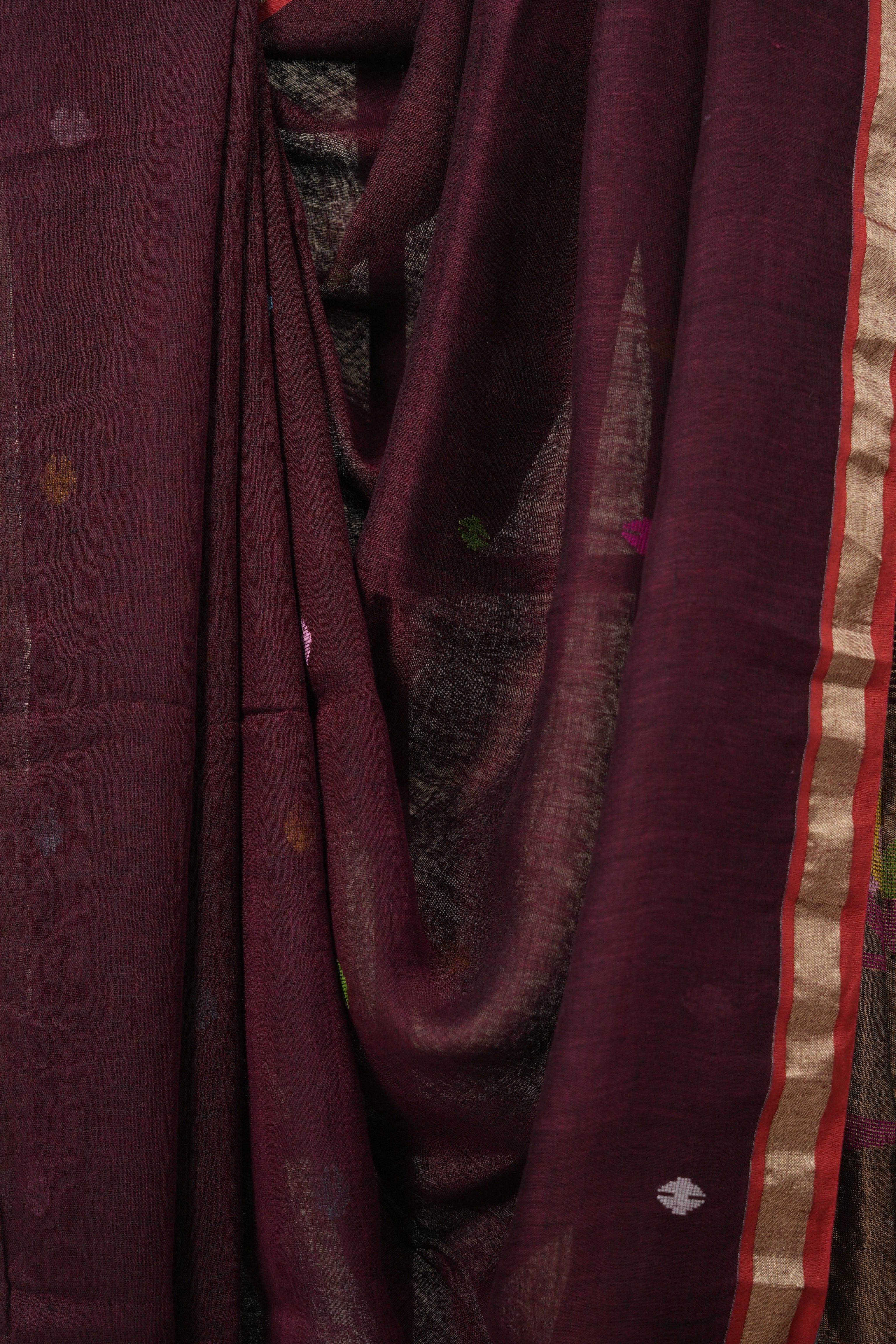 Wine Linen Jamdani Saree - SPWLJS515