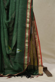 Bottle Green Linen Jamdani Saree - SRBGLJS505