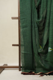 Bottle Green Linen Jamdani Saree - SRBGLJS505