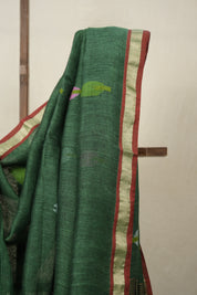 Bottle Green Linen Jamdani Saree - SRBGLJS505