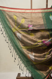 Bottle Green Linen Jamdani Saree - SRBGLJS505