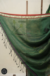Bottle Green Linen Jamdani Saree - SRBGLJS505