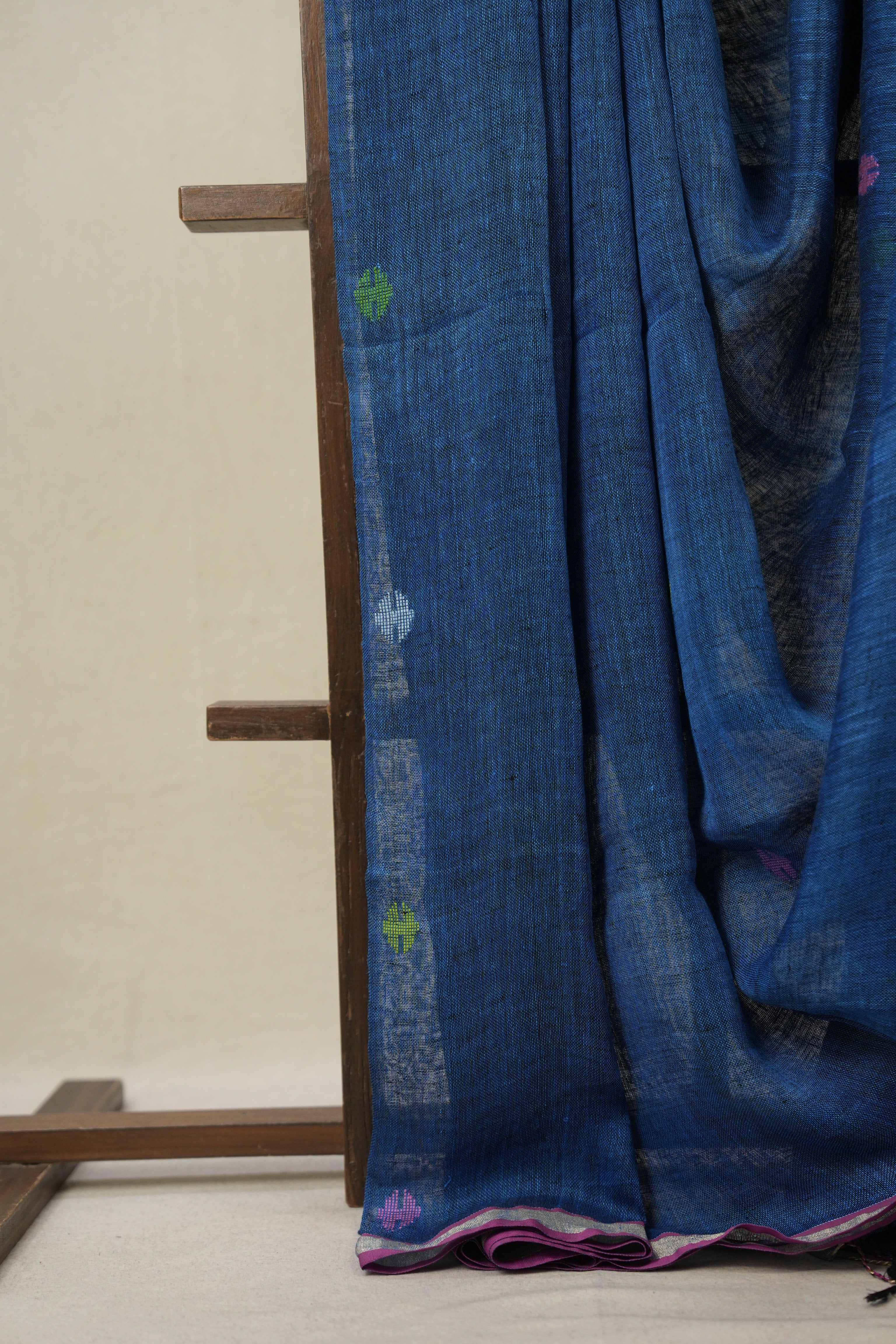 Peacock Blue Linen Jamdani Saree - SRPBLJS500