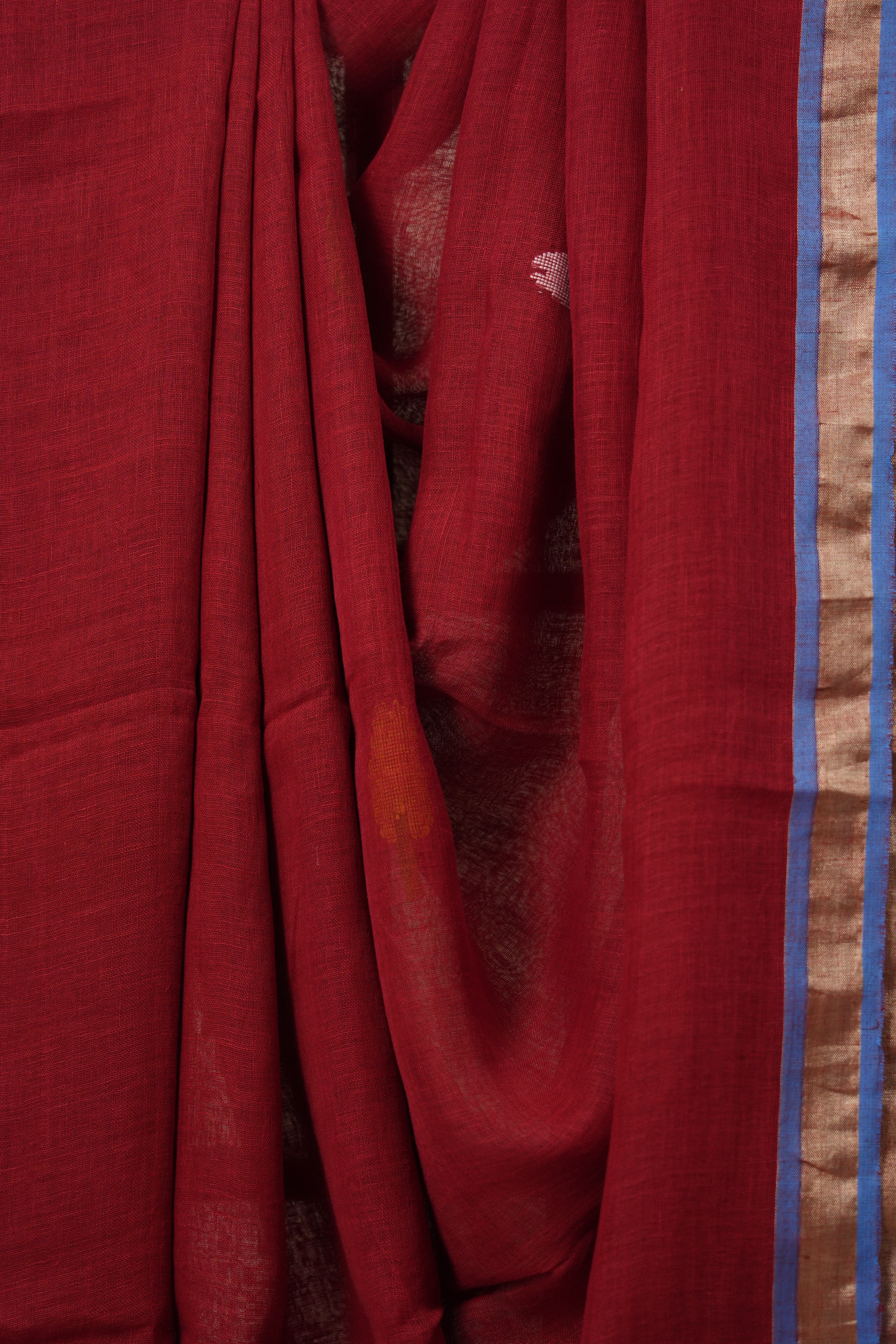Maroon Linen Jamdani Saree - SRMLJS508
