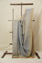 Bluish Grey Plain Tissue Linen Saree With Tassels - SRBGPTLS290
