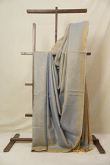 Bluish Grey Plain Tissue Linen Saree With Tassels - SRBGPTLS290