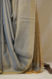 Bluish Grey Plain Tissue Linen Saree With Tassels - SRBGPTLS290