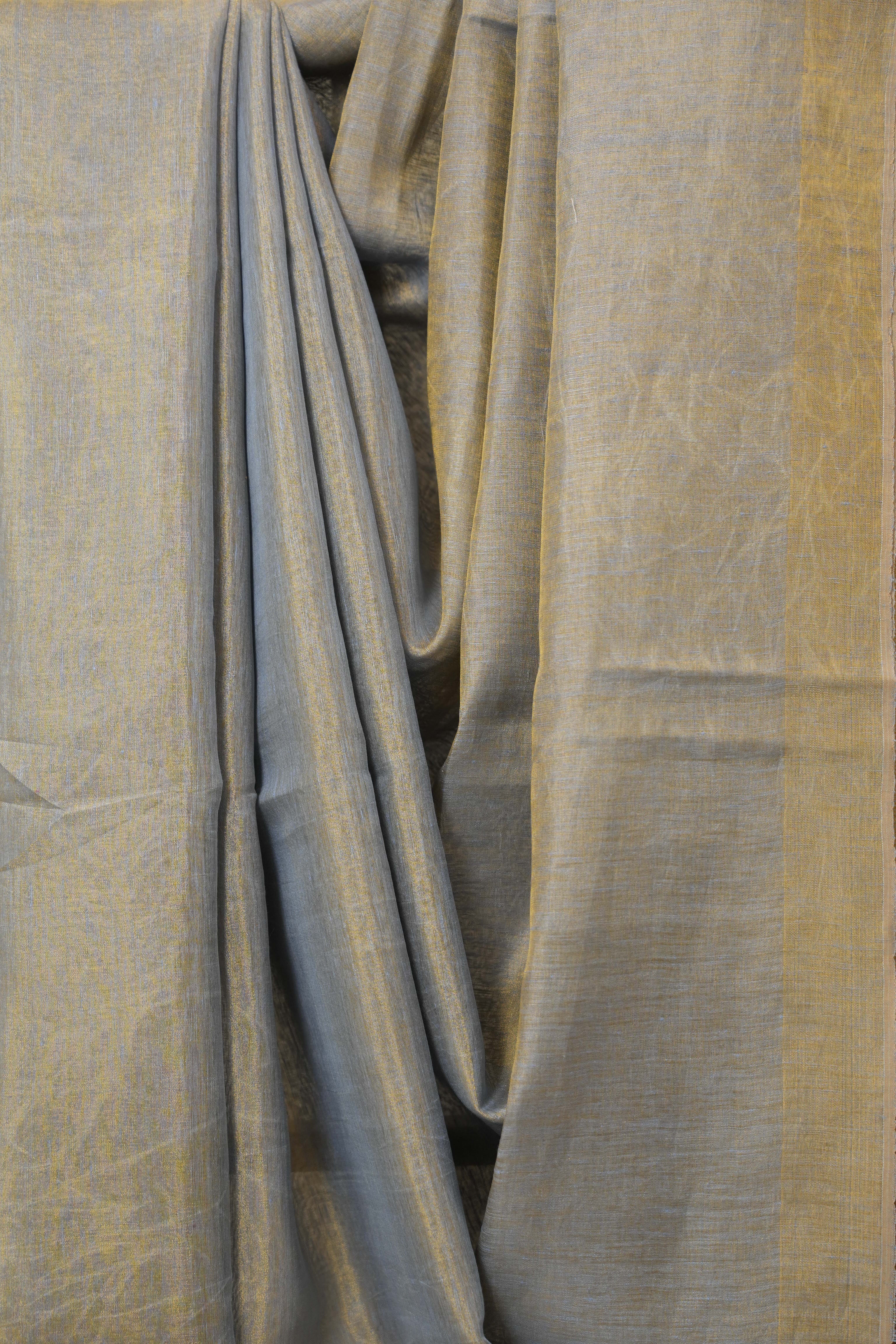 Bluish Grey Plain Tissue Linen Saree With Tassels - SRBGPTLS290