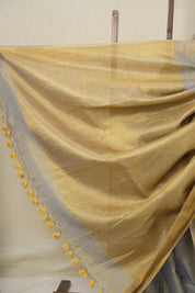 Bluish Grey Plain Tissue Linen Saree With Tassels - SRBGPTLS290