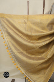Bluish Grey Plain Tissue Linen Saree With Tassels - SRBGPTLS290