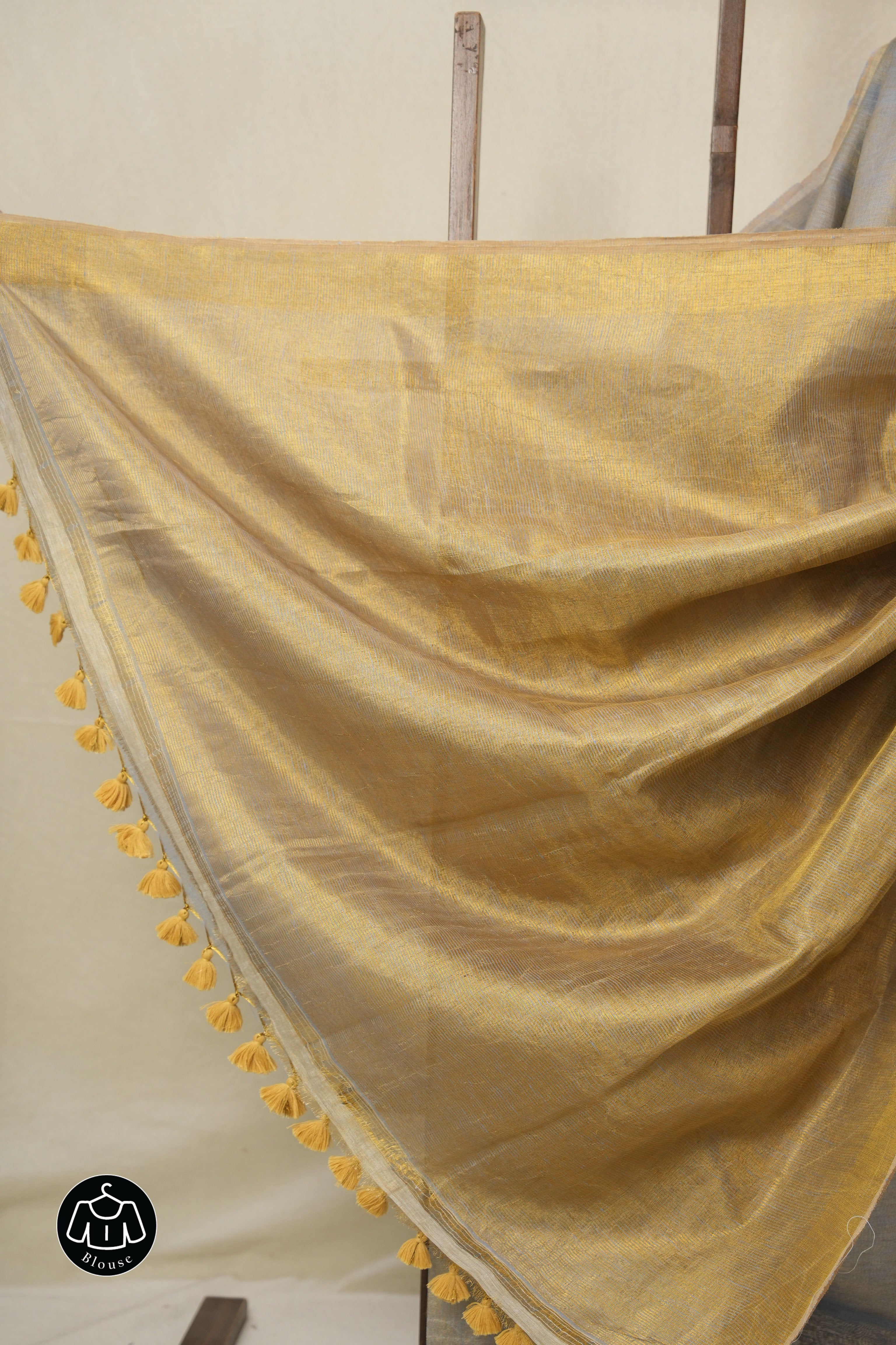Bluish Grey Plain Tissue Linen Saree With Tassels - SRBGPTLS290