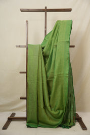 Green Gold Plain Tissue Linen Saree With Tassels - SRGGPTLS288