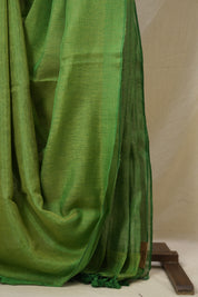 Green Gold Plain Tissue Linen Saree With Tassels - SRGGPTLS288