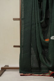 Bottle Green Linen Jamdani Saree - SRBGLJS509