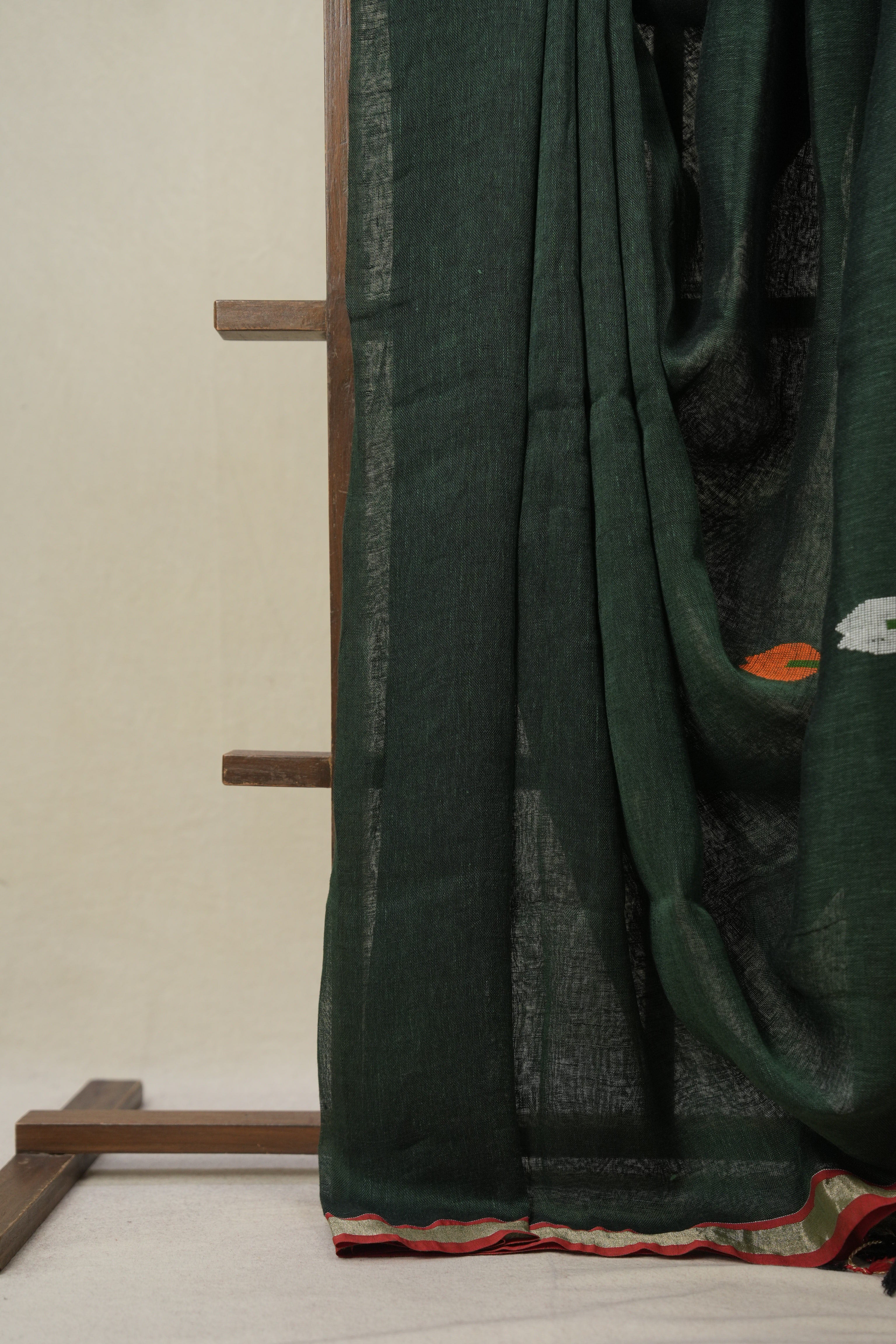 Bottle Green Linen Jamdani Saree - SRBGLJS509