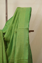 Green Gold Plain Tissue Linen Saree With Tassels - SRGGPTLS288