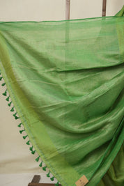 Green Gold Plain Tissue Linen Saree With Tassels - SRGGPTLS288