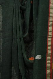 Bottle Green Linen Jamdani Saree - SRBGLJS509