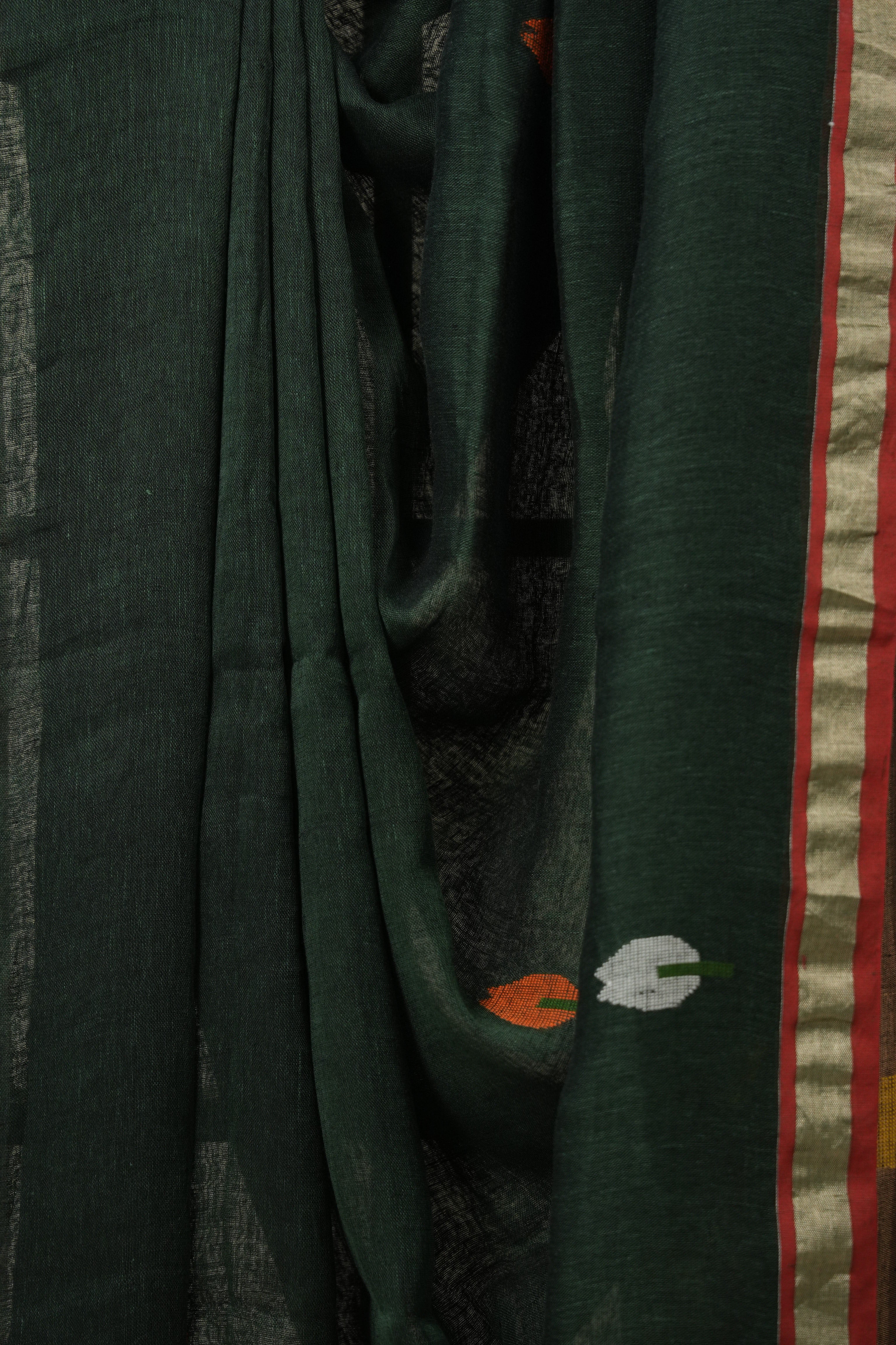 Bottle Green Linen Jamdani Saree - SRBGLJS509