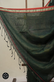 Bottle Green Linen Jamdani Saree - SRBGLJS509
