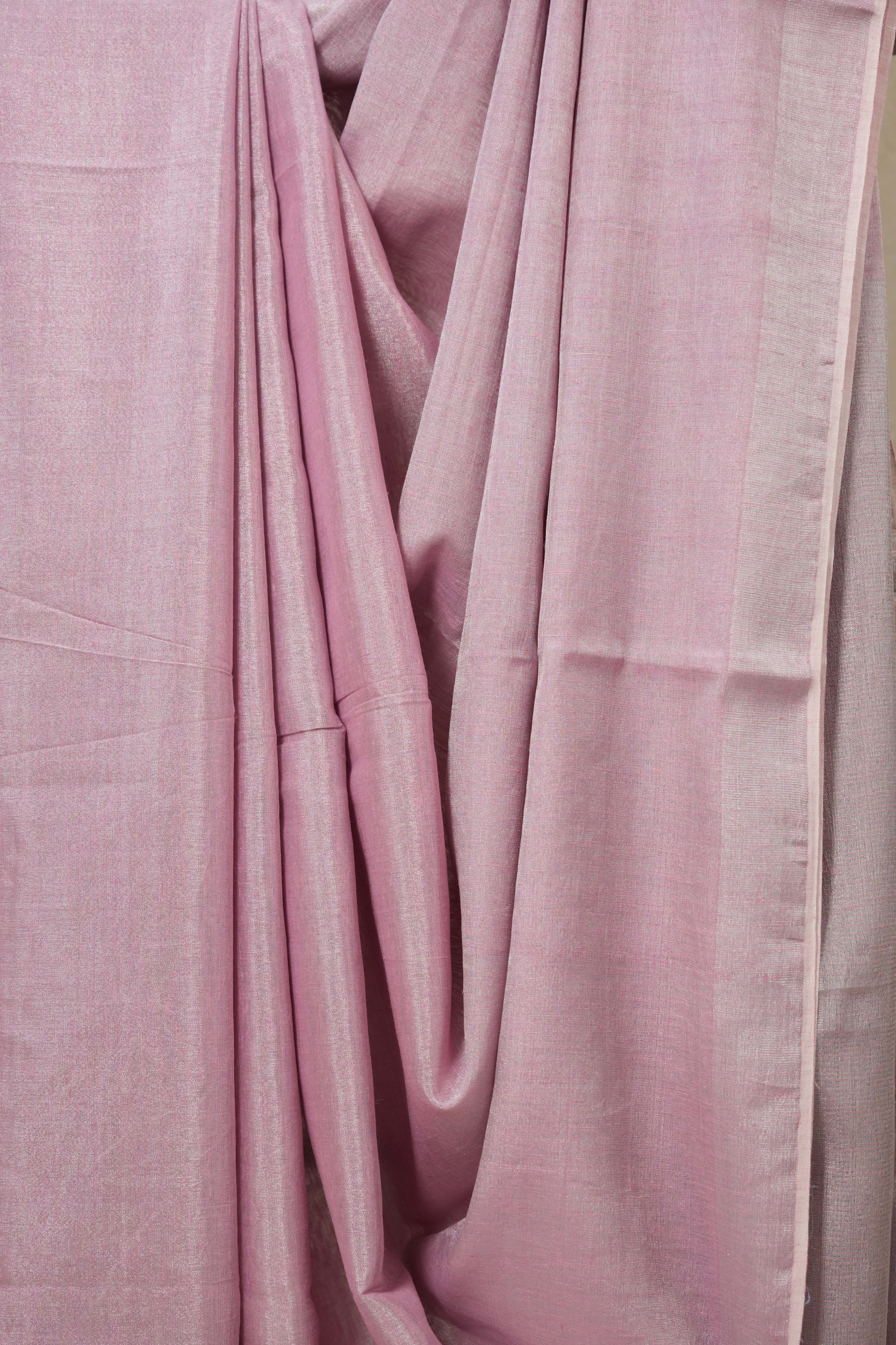 Pink Plain Tissue Linen Saree With Tassels - SRPPTLS287