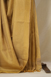 Golden Plain Tissue Linen Saree With Tassels - SRGPTLS286