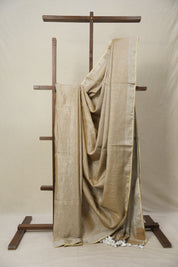 Silver Beige Plain Tissue Linen Saree With Tassels - SRSBPTLS300