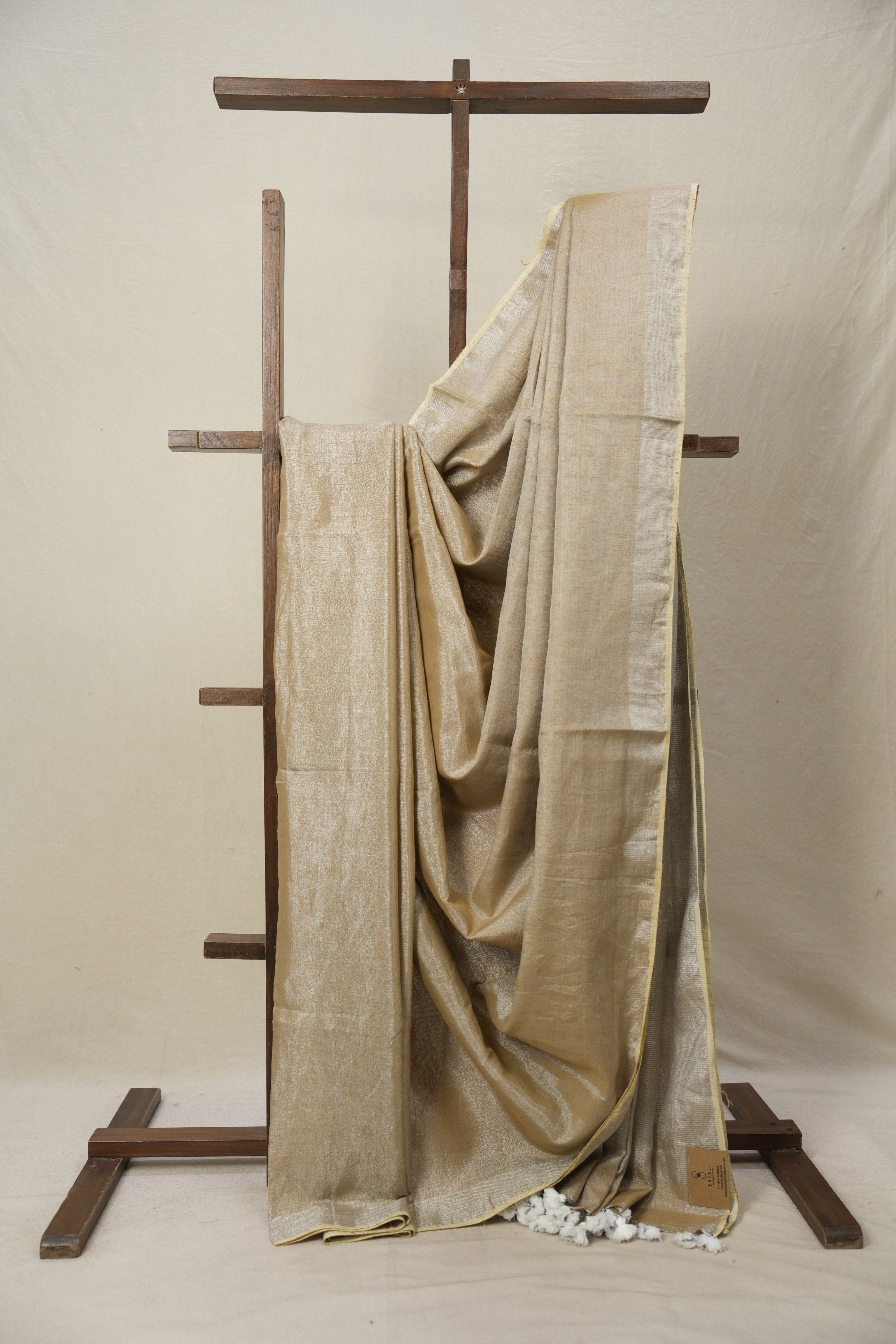 Silver Beige Plain Tissue Linen Saree With Tassels - SRSBPTLS300