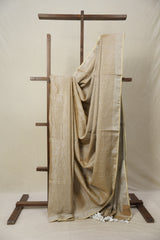Silver Beige Plain Tissue Linen Saree With Tassels - SRSBPTLS300