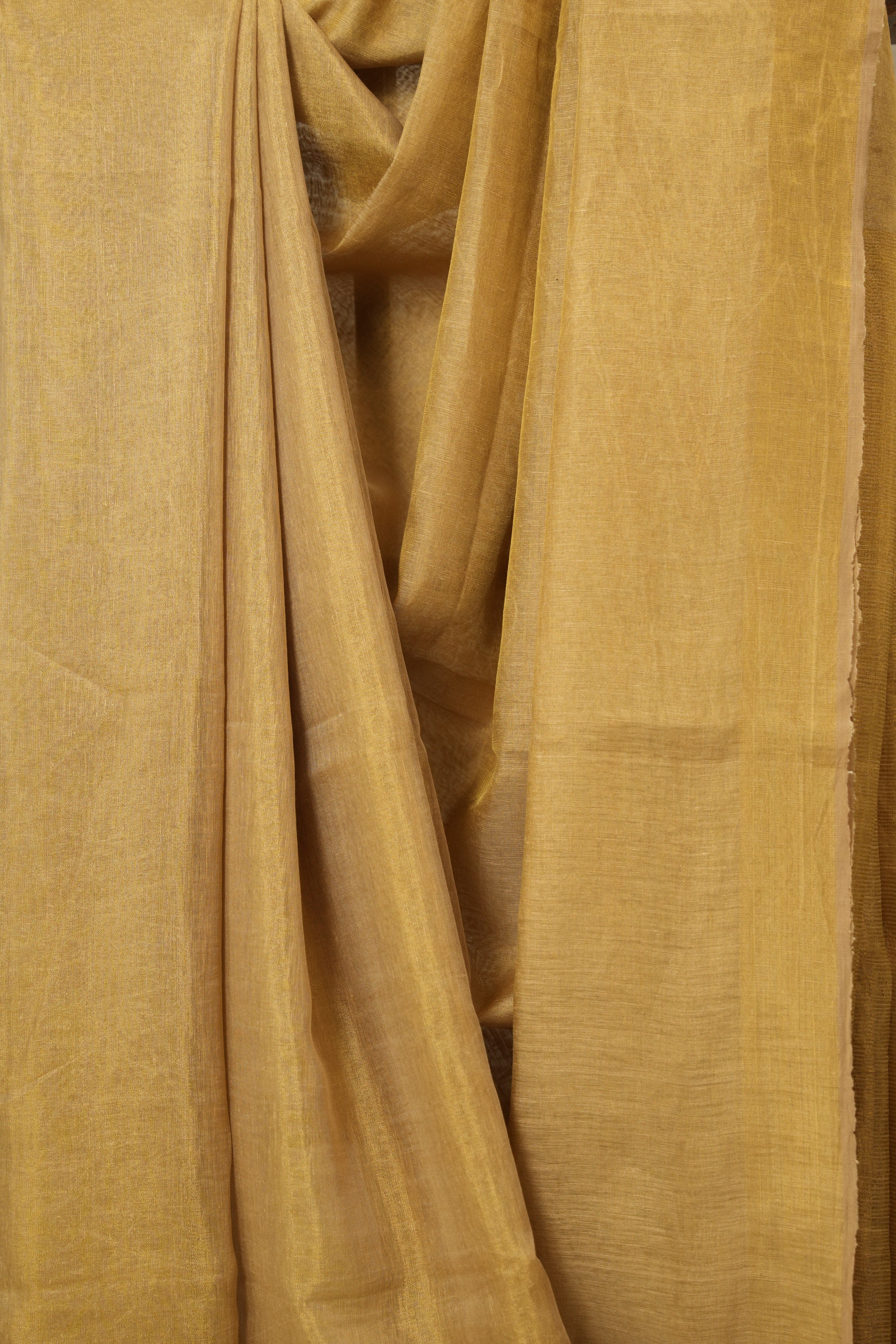 Golden Plain Tissue Linen Saree With Tassels - SRGPTLS286