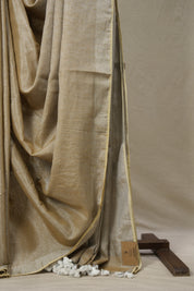 Silver Beige Plain Tissue Linen Saree With Tassels - SRSBPTLS300