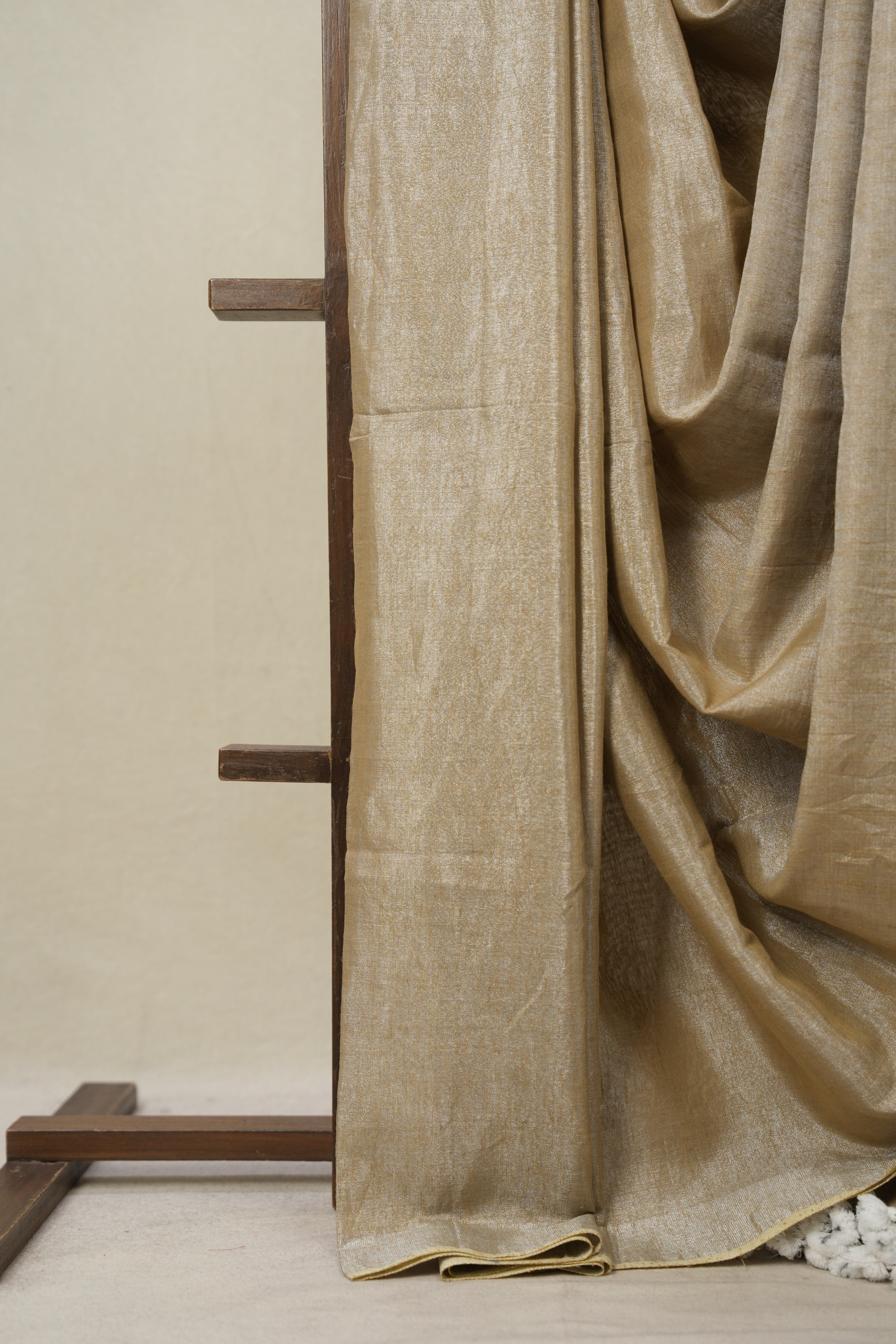 Silver Beige Plain Tissue Linen Saree With Tassels - SRSBPTLS300