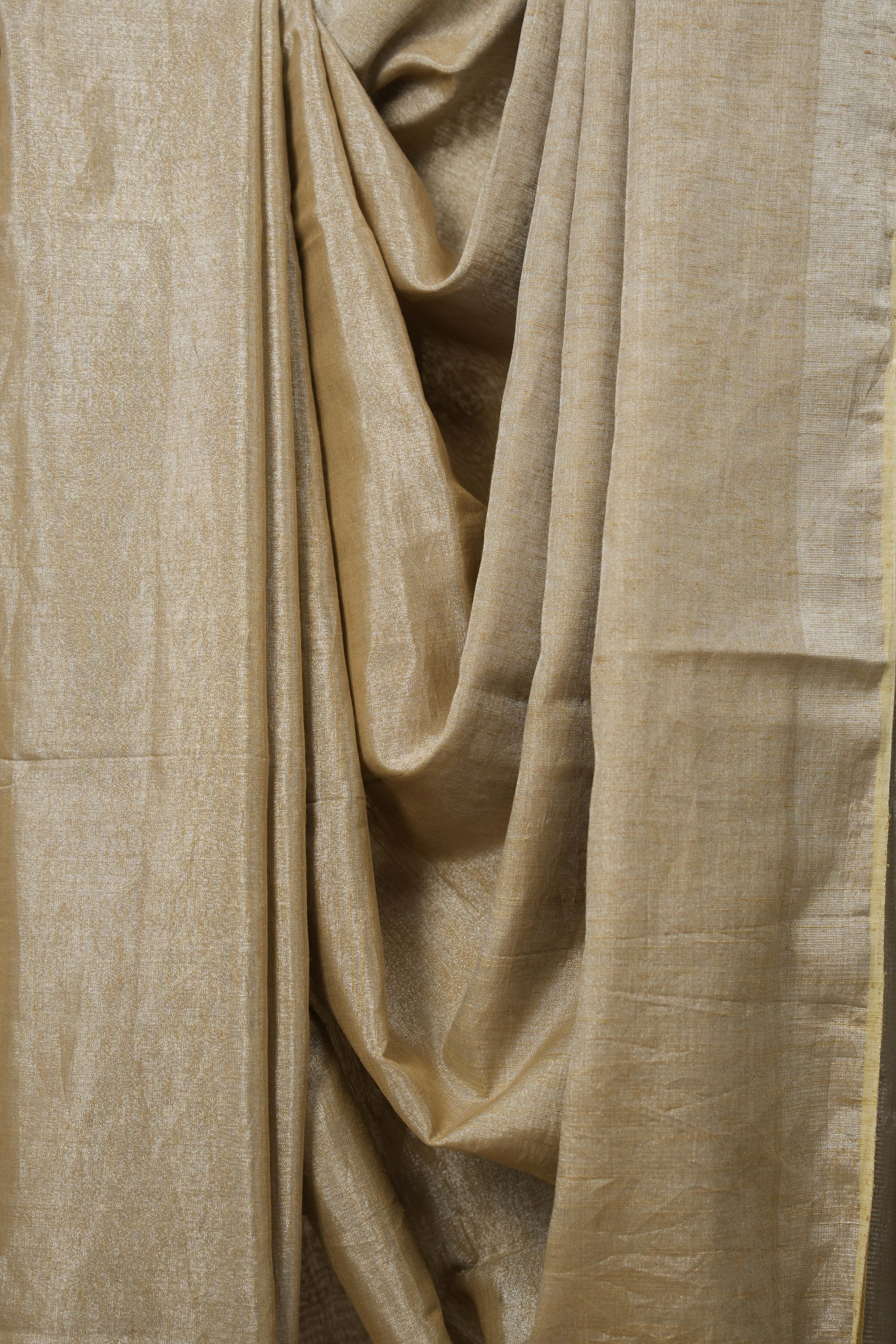 Silver Beige Plain Tissue Linen Saree With Tassels - SRSBPTLS300