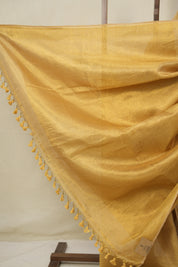 Golden Plain Tissue Linen Saree With Tassels - SRGPTLS286