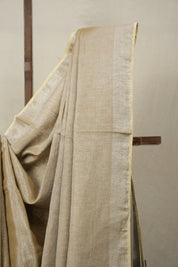 Silver Beige Plain Tissue Linen Saree With Tassels - SRSBPTLS300