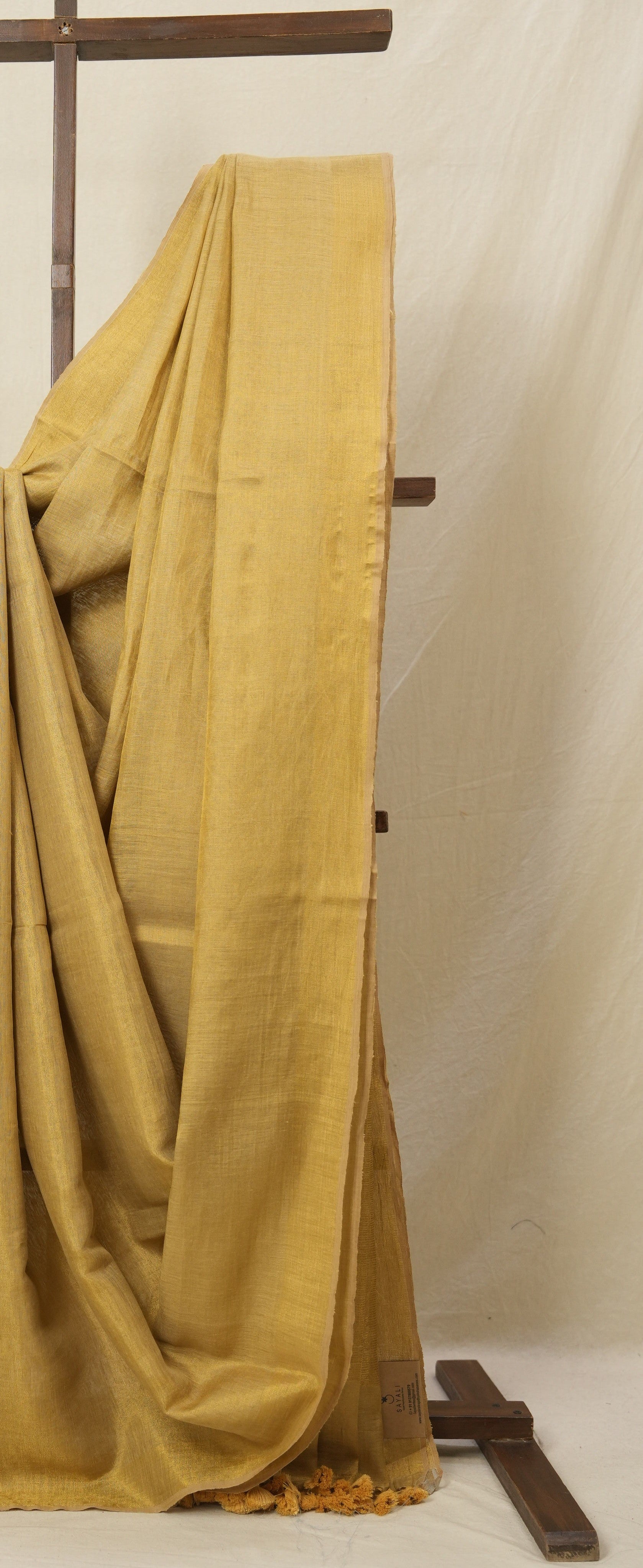 Gold Plain Tissue Linen Saree With Tassels - SRGPTLS289