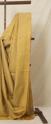Gold Plain Tissue Linen Saree With Tassels - SRGPTLS289