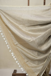 Silver Beige Plain Tissue Linen Saree With Tassels - SRSBPTLS300