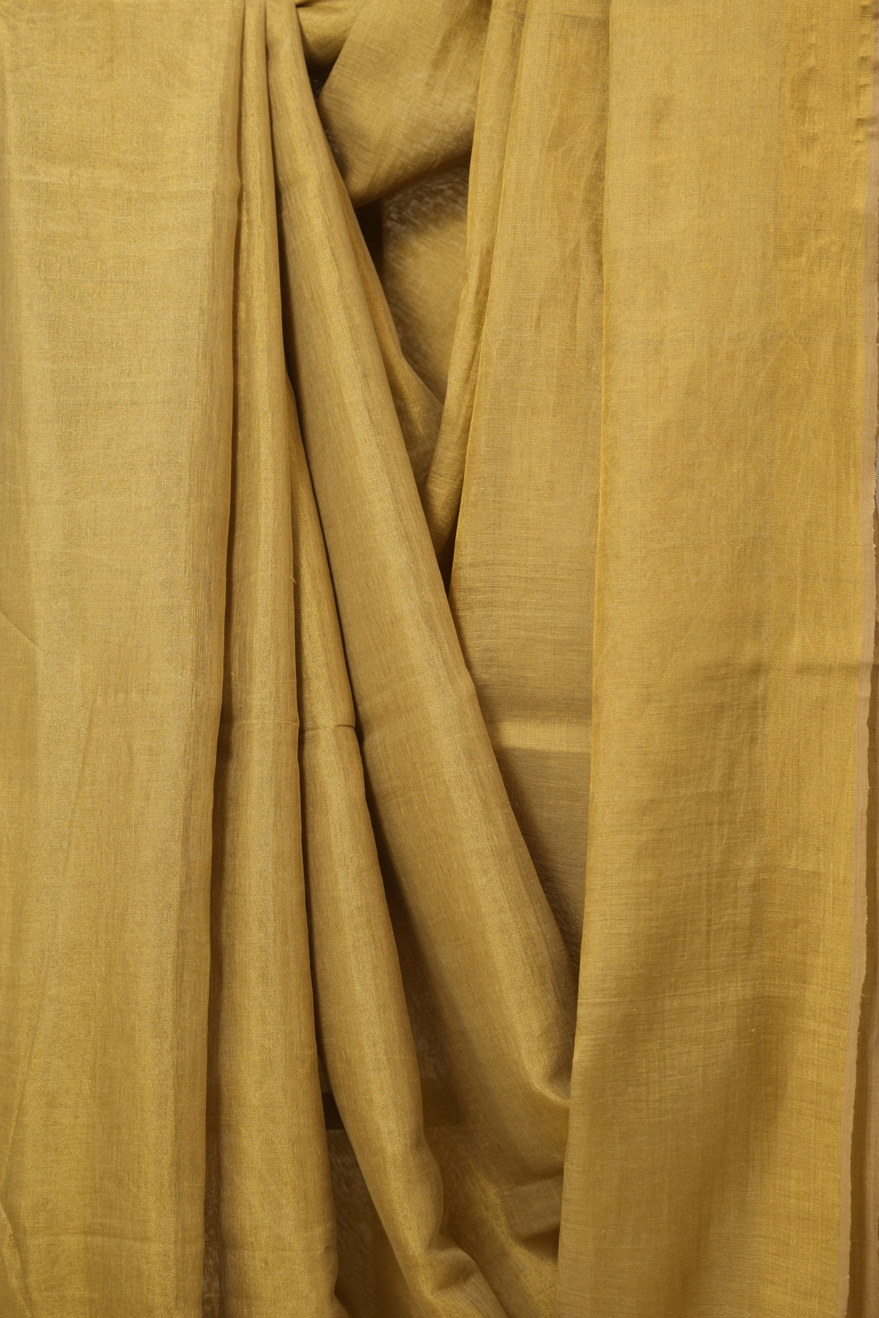Gold Plain Tissue Linen Saree With Tassels - SRGPTLS289