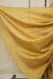 Gold Plain Tissue Linen Saree With Tassels - SRGPTLS289