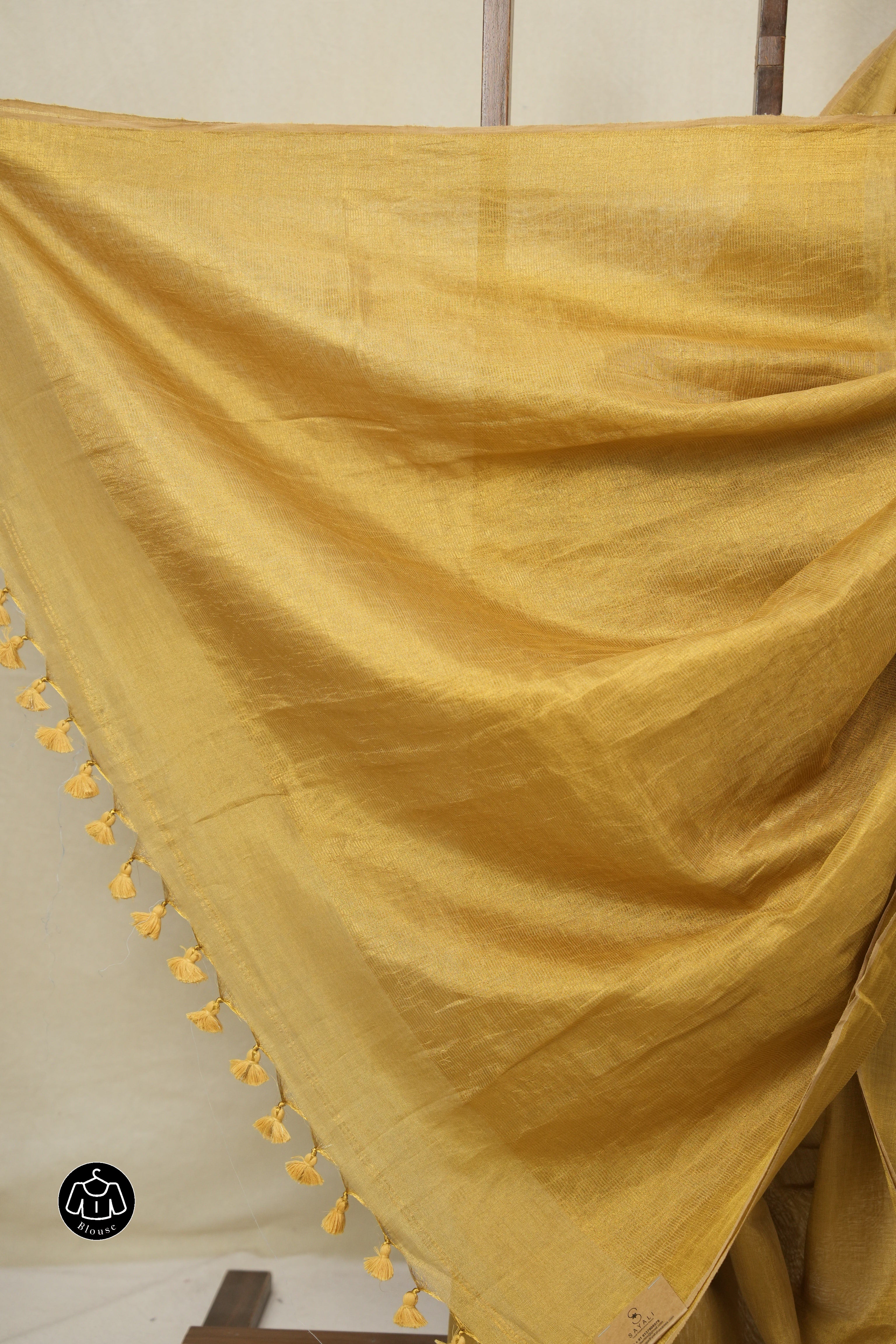 Gold Plain Tissue Linen Saree With Tassels - SRGPTLS289