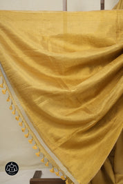 Gold Plain Tissue Linen Saree With Tassels - SRGPTLS289