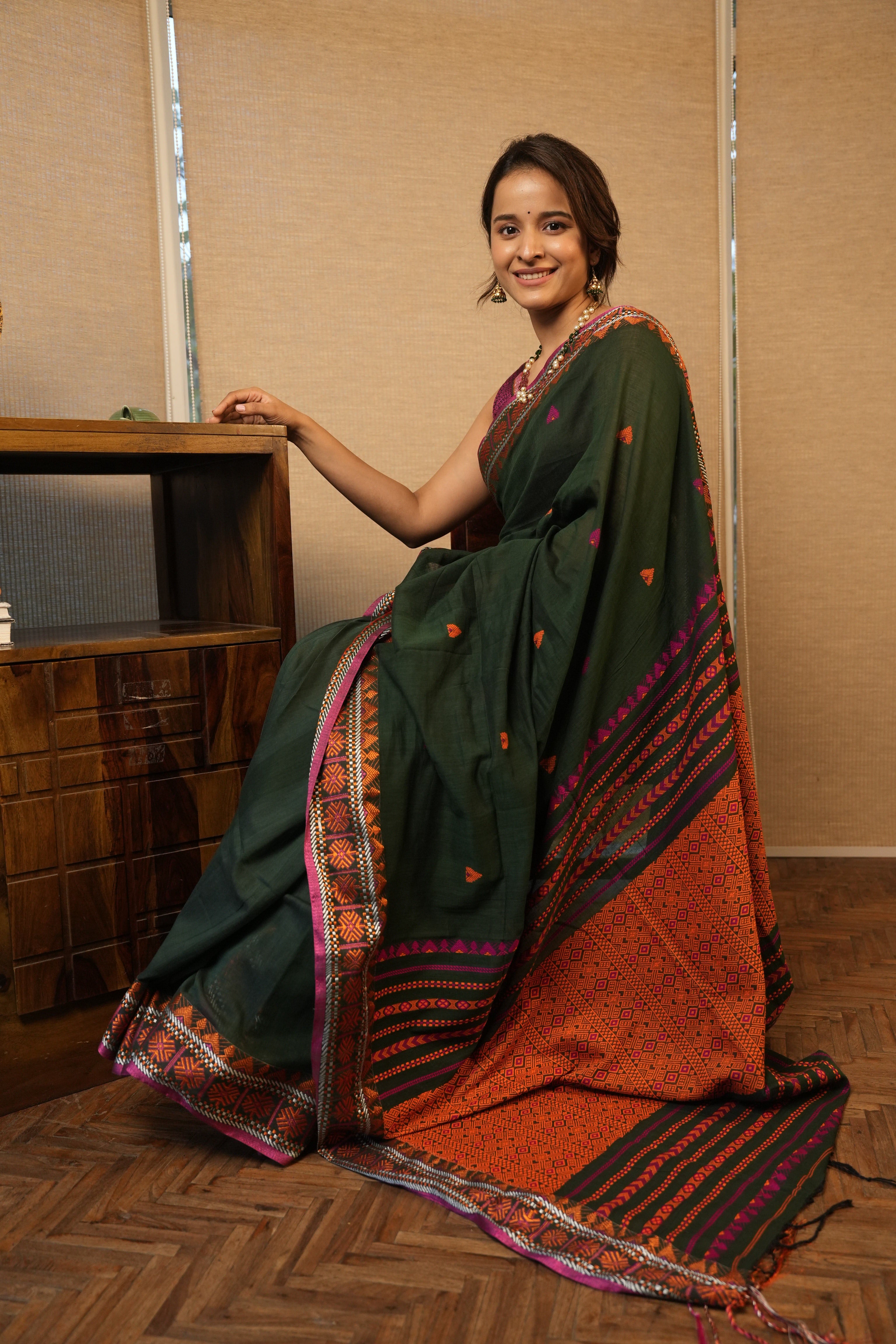 Dark Green Bengal Khadi Cotton Saree - SRDGBKCS167